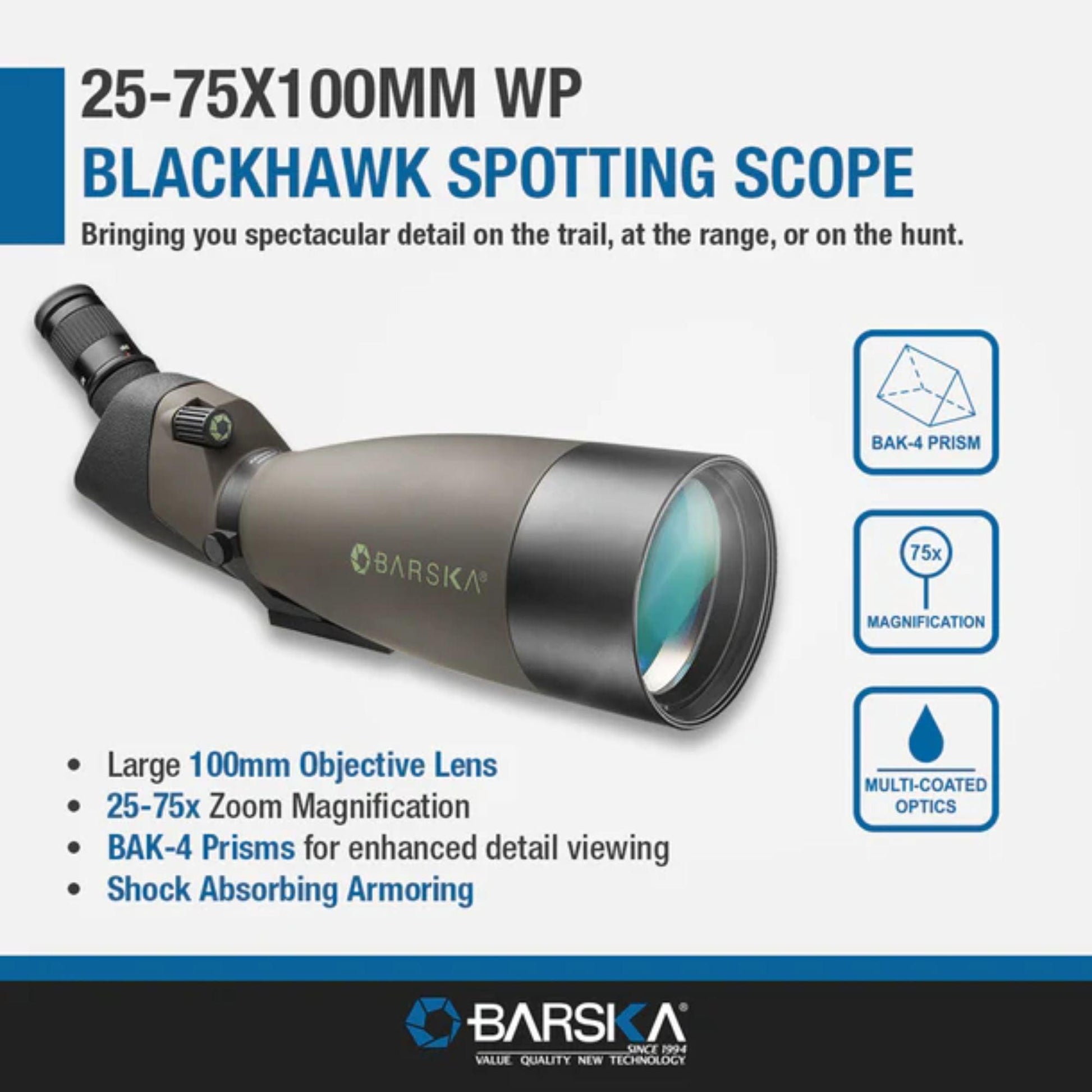BARSKA 25-75x100mm WP Blackhawk Spotting Scope Angled - Silverlight Optics